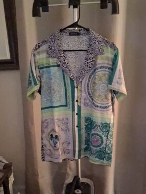 Versace Green Multi Print Short-Sleeve Button-Up Shirt